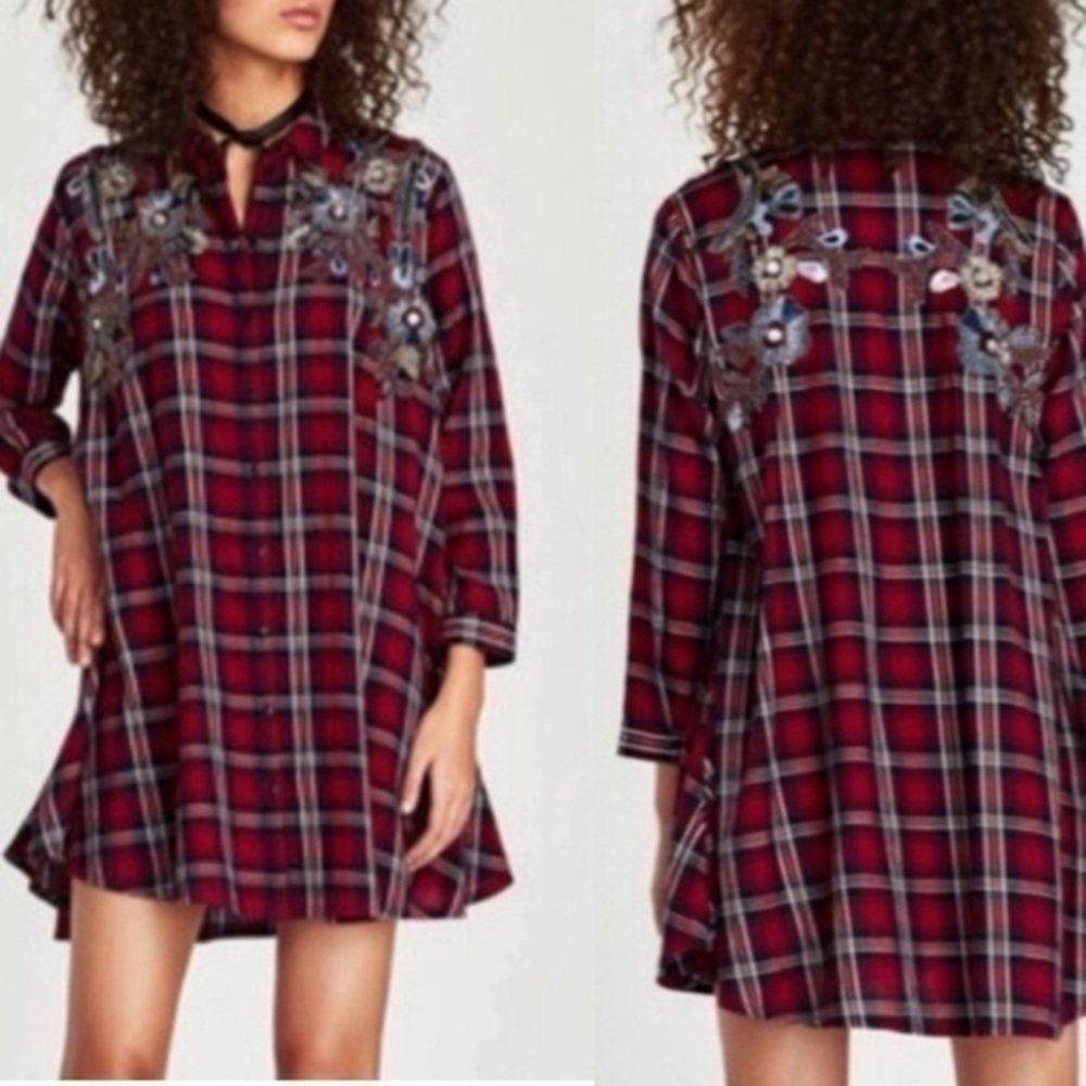 Zara Beaded Plaid Mini Dress Size Small